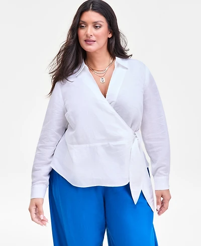 I.n.c. International Concepts Plus Linen-Blend Tied Surplice Top, Exclusively at Macy's