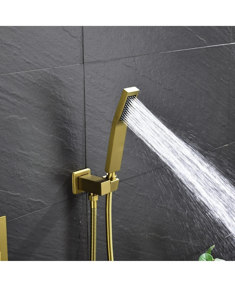 Rainsken Ceiling Mount Shower Faucet Set, Rain Mixer Shower Combo Set with Hand Shower, 16 inch Shower Head and Tub Spout, Brushed Gold