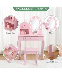 Vanity Desk with Mirror and Lights, Small Vanity Table and Chair Set, Wooden Makeup Desk Dressing Table with Drawers & 3 Light Modes