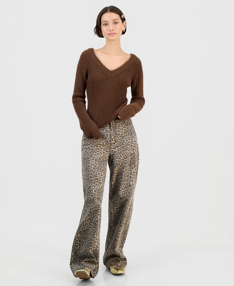 Planet Heart Women's V-Neck Long-Sleeve Eyelash Sweater