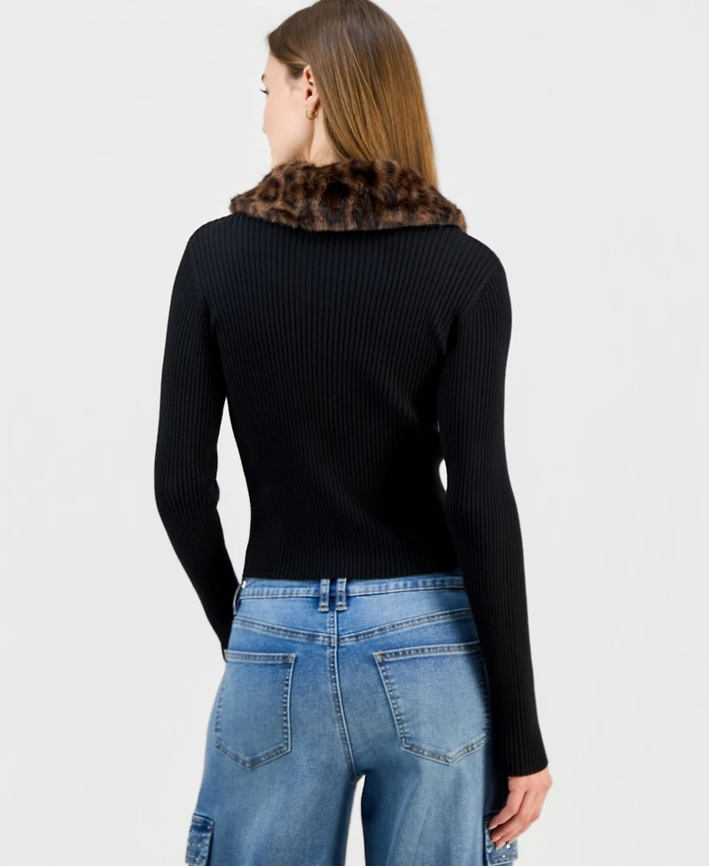 Madden Girl Juniors' Faux-Fur-Collar Zip-Up Sweater