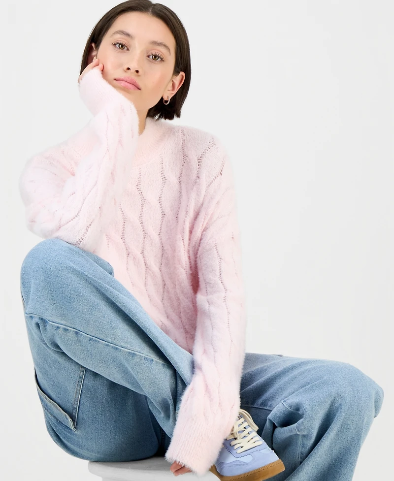 Hippie Rose Juniors' Mock-Neck Eyelash-Cable Knit Sweater