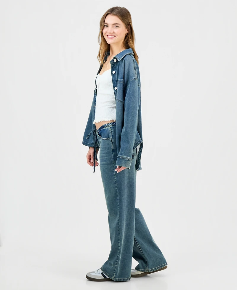 Indigo Rein Juniors' Tinted Knit Denim Wide-Leg Jeans