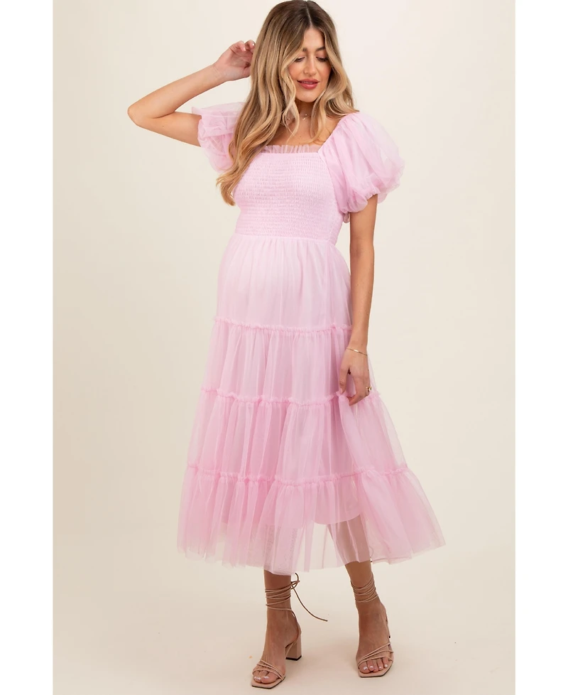 Pinkblush Maternity Light Pink Smocked Tiered Tulle Midi Dress
