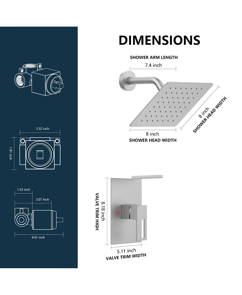 Rainsken Shower Faucet Set with Storage Rack 8-inch Rain Shower Head Shower Decoration Kit with Single Spray Shower Head Brushed Nickel