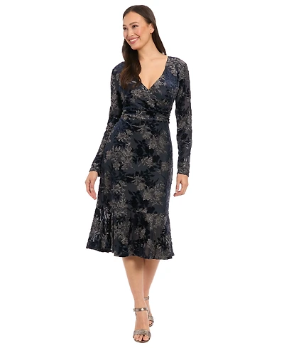 London Times Petite Surplice Burnout Midi Dress