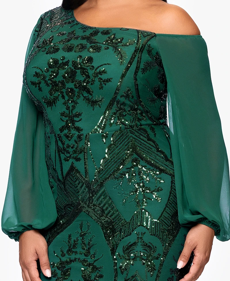 B&A By Betsy and Adam Plus Sequin Detail Long Sleeves Dress