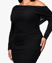 Betsy & Adam Plus Long Ruched Mesh Dress