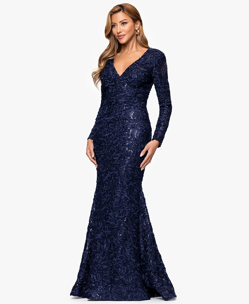 Xscape Petite Long Sleeve V-Neck Lace Dress