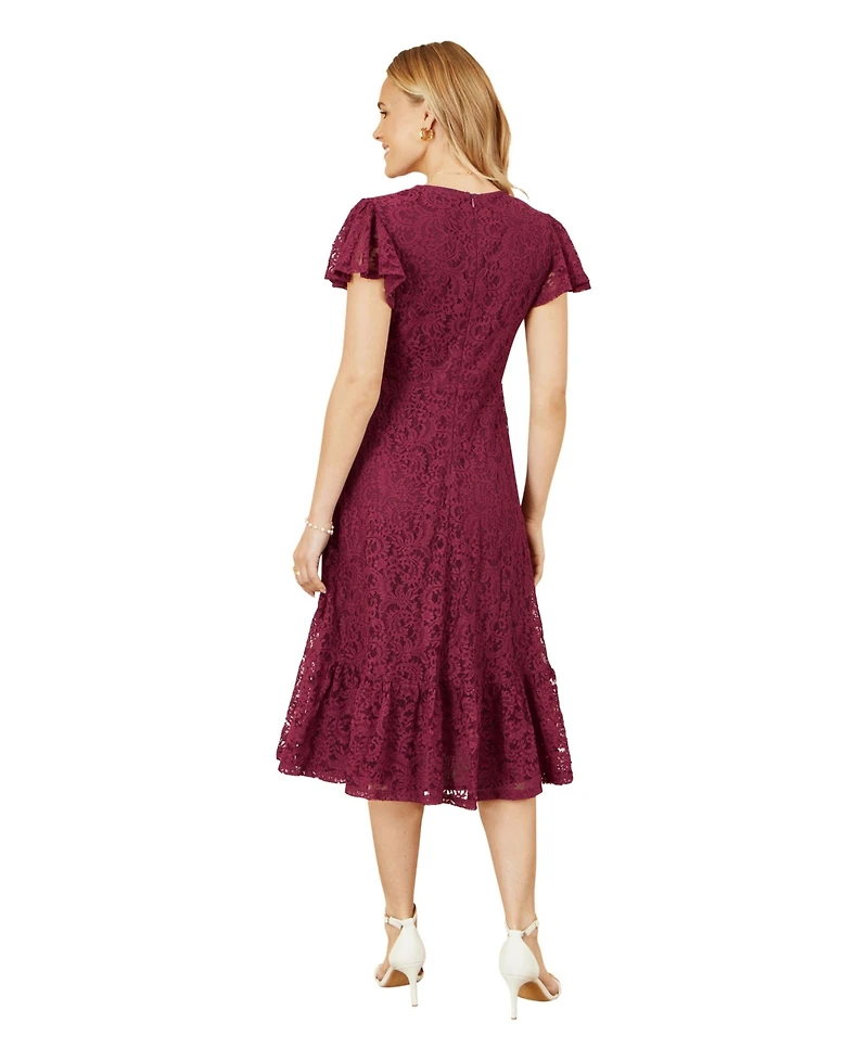 Yumi Women's Short Sleeve Lace Midi Skater Dress