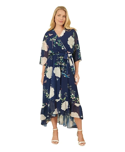 Yumi Women's Bird And Floral Print Midi Wrap Dress