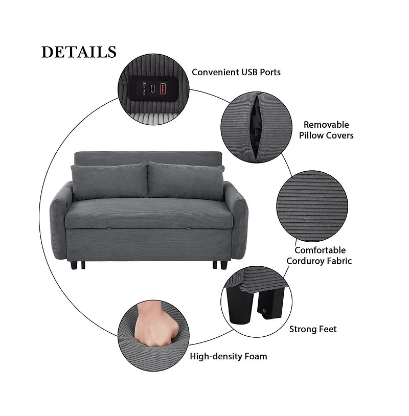 Maison Boucle 57.48" Pull Out Sleeper Loveseat, Convertible Sofa Bed with Usb Ports & Adjustable Backrest for Small Spaces-Maison