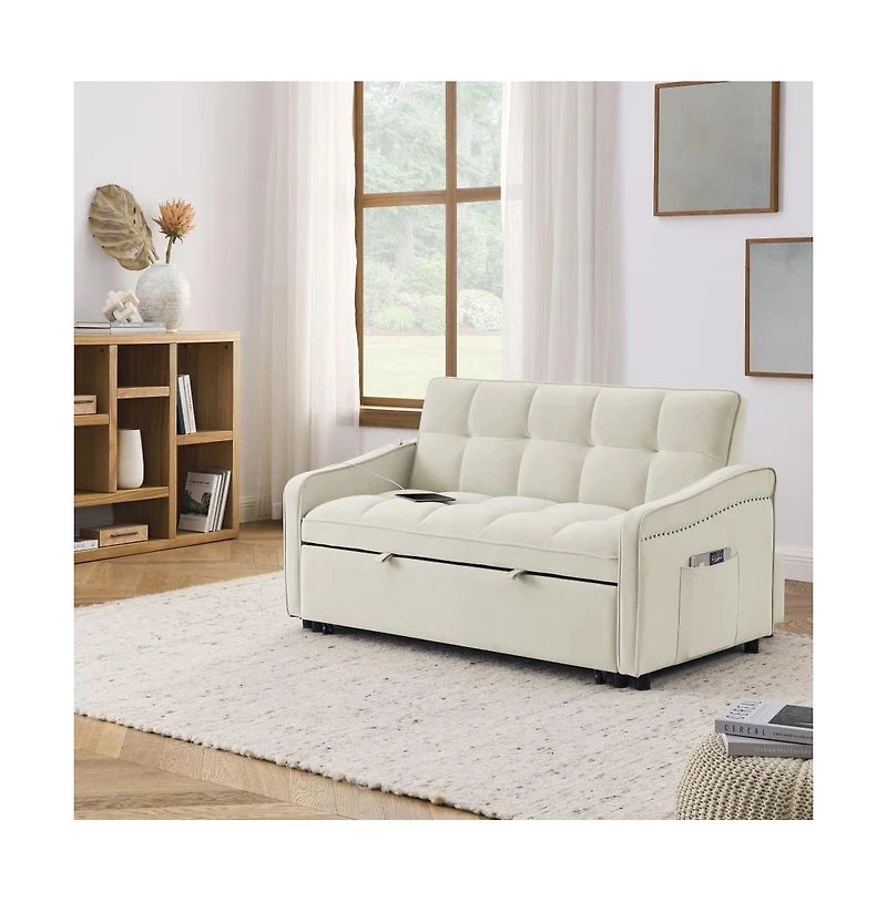 Velvet Loveseat Sleeper Sofa Bed with Usb & Type-c Charging, Adjustable Backrest, Pull-Out for Small Spaces-Maison Boucle