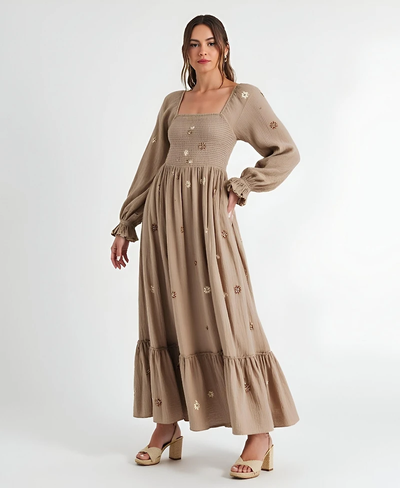 Modenaire Women's Floral-Embroidered Smocked Tiered Maxi Dress