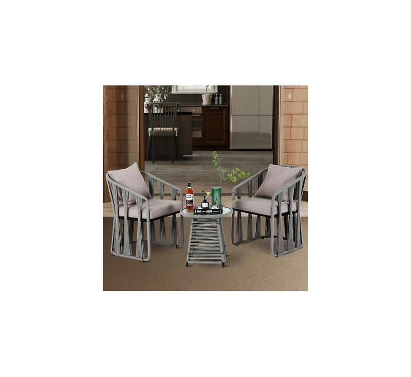 Dyhome 3 Pieces Outdoor Patio Furniture Set Woven Rope Chairs with Table and Soft Cushions