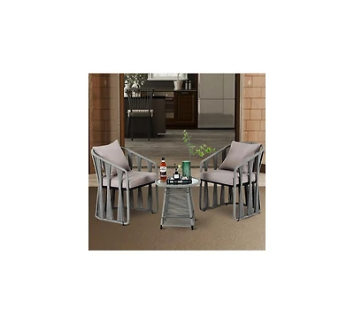 Dyhome 3 Pieces Outdoor Patio Furniture Set Woven Rope Chairs with Table and Soft Cushions