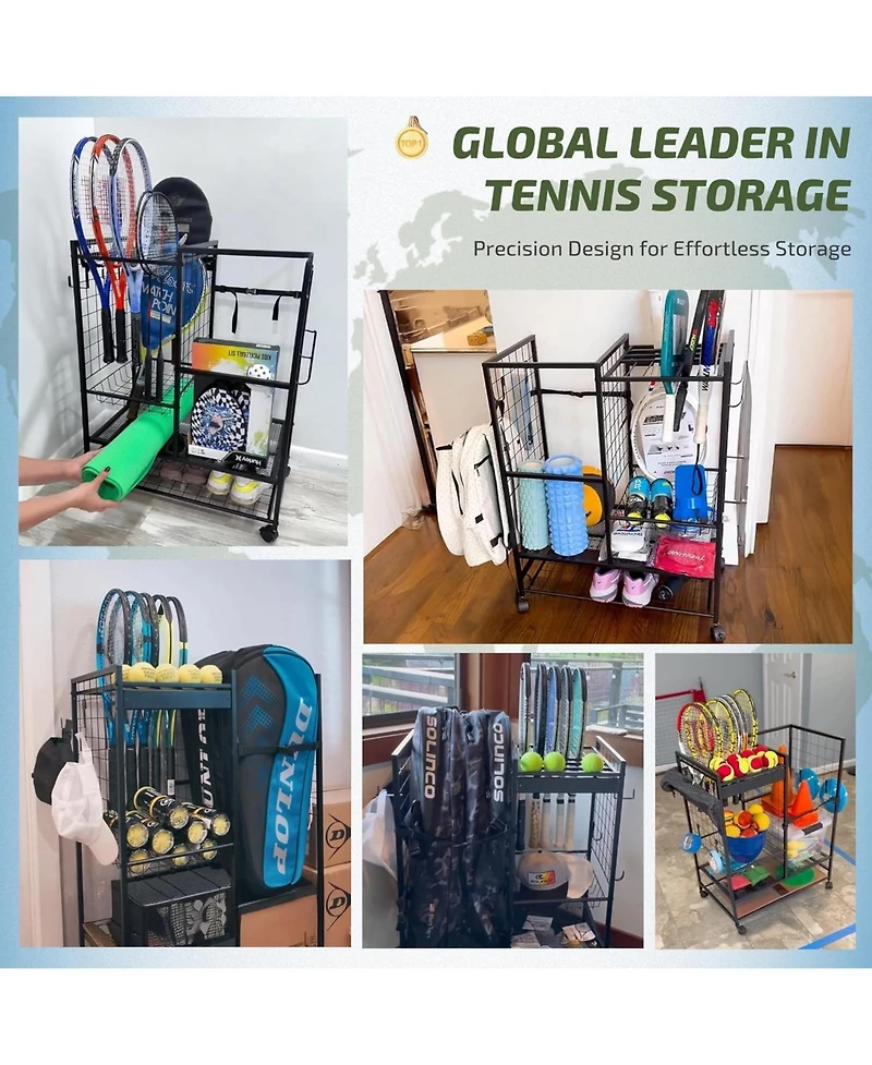 Mythinglogic Tennis Rack Organizer: All-in-One Storage for Bags, Balls, Rackets & Gear