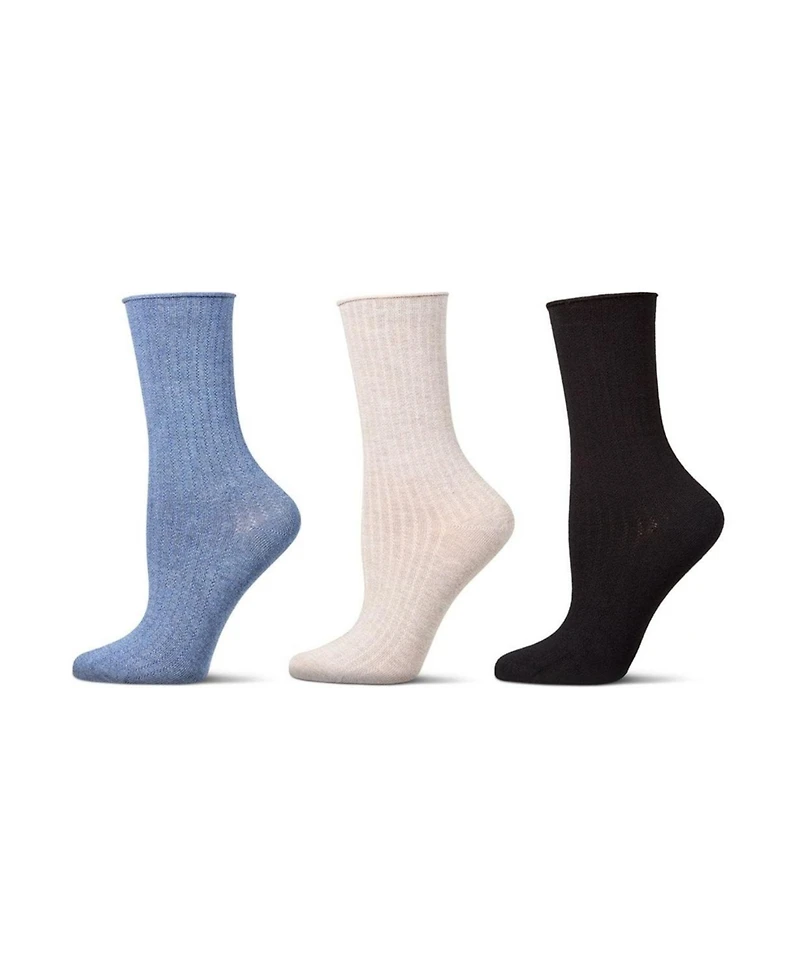 MeMoi Women's 3 Pair Silky-Soft Roll-Top Crew Socks