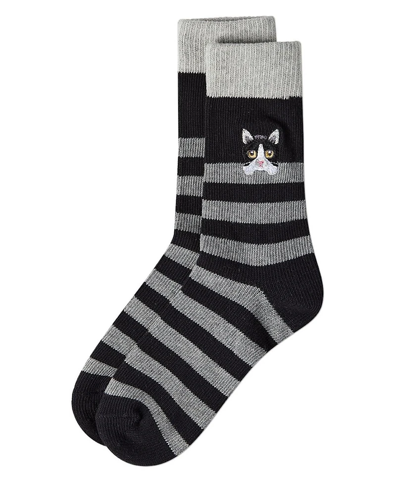 MeMoi Women's "Just Hanging" Striped Embroidered Cotton Rich Novelty Crew Socks