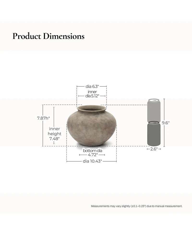 LuxenHome Rustic Ceramic Vase, 10.4" Wide Terracotta Pot with Earthy Gray-Brown Finish, Handcrafted