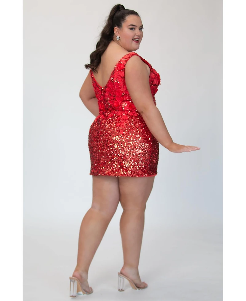 Sydney's Closet Sequin & 3D Floral Lace Mini Red Party Dress