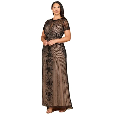 Lara Women's Beaded Cap Sleeve Illusion Plunge Gown