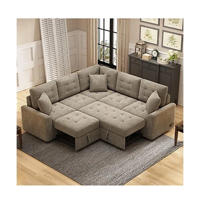 Maison Boucle 82.6" L-Shaped Pull Out Sleeper Sofa with Usb Ports, Power Outlets & Wheels, Modular Sectional Bed for Living Room