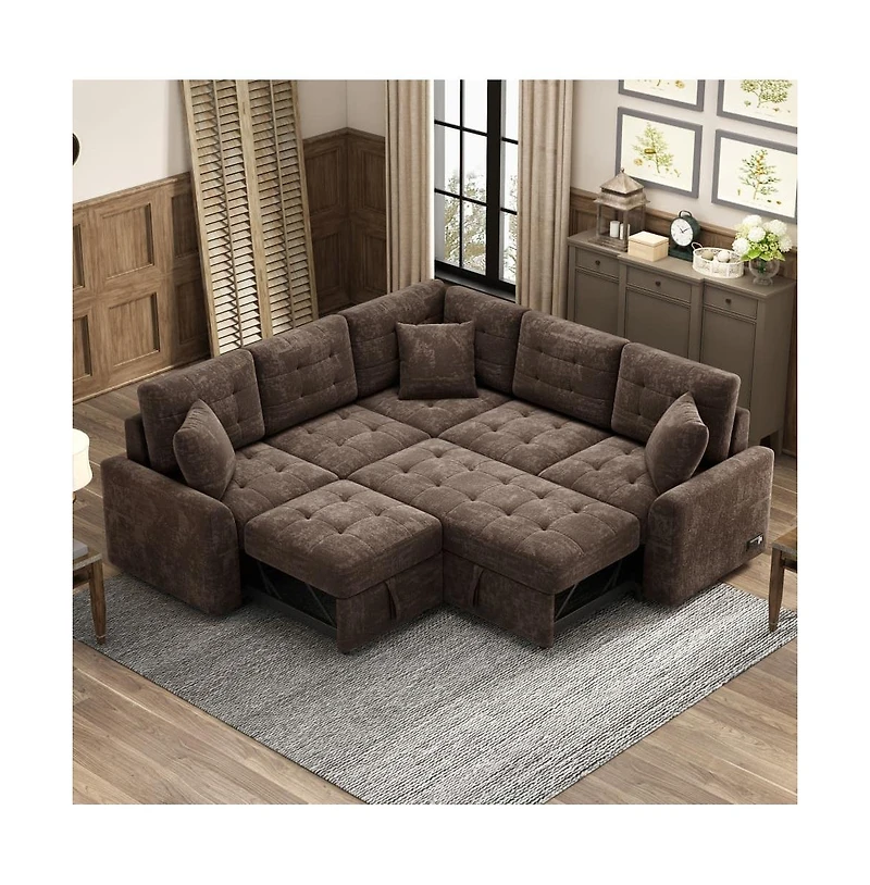 Maison Boucle 82.6" L-Shaped Pull Out Sleeper Sofa with Usb Ports, Power Outlets & Wheels, Modular Sectional Bed for Living Room