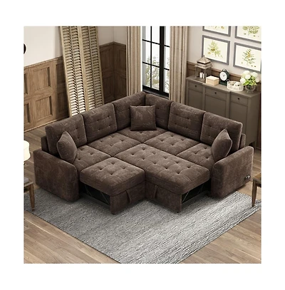 Maison Boucle 82.6" L-Shaped Pull Out Sleeper Sofa with Usb Ports, Power Outlets & Wheels, Modular Sectional Bed for Living Room