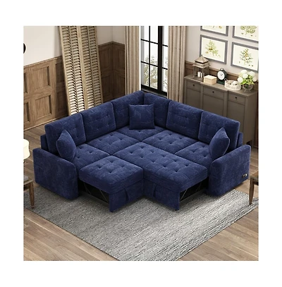 Maison Boucle 82.6" L-Shaped Pull Out Sleeper Sofa with Usb Ports, Power Outlets & Wheels, Modular Sectional Bed for Living Room