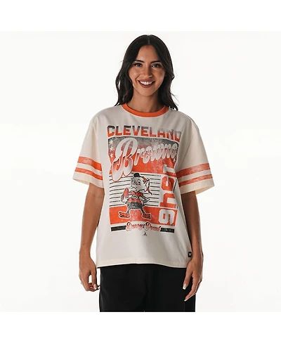 The Wild Collective Women's Cream Cleveland Browns Vintage Drop Shoulder Oversized Boyfriend T-Shirt