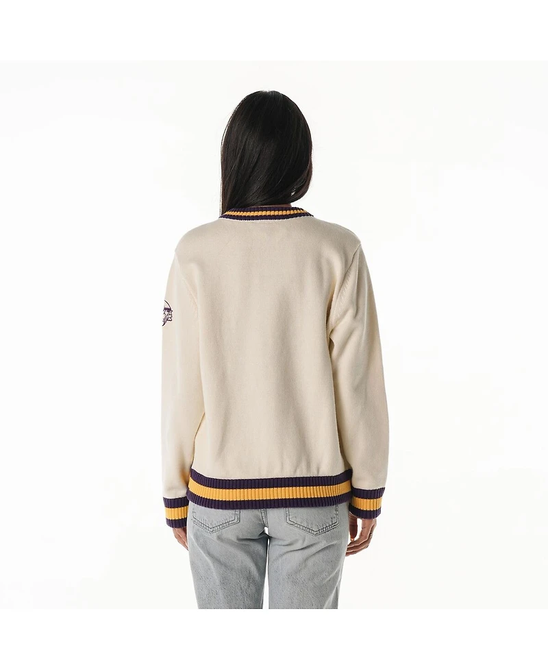 The Wild Collective Women's Cream Minnesota Vikings Jacquard V-Neck Sweater