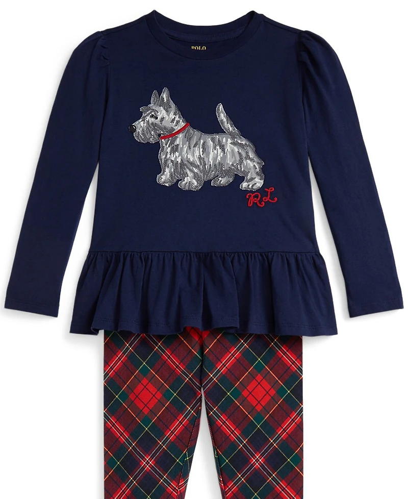 Polo Ralph Lauren Girls 2T-6X 2-Piece Dog Print T-Shirt and Plaid Leggings Set