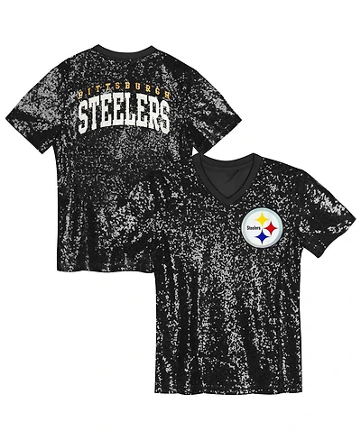 Outerstuff Big Girls Black Pittsburgh Steelers Wordmark Sequin V-Neck Top