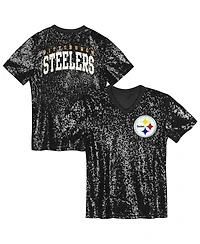 Outerstuff Big Girls Black Pittsburgh Steelers Wordmark Sequin V-Neck Top