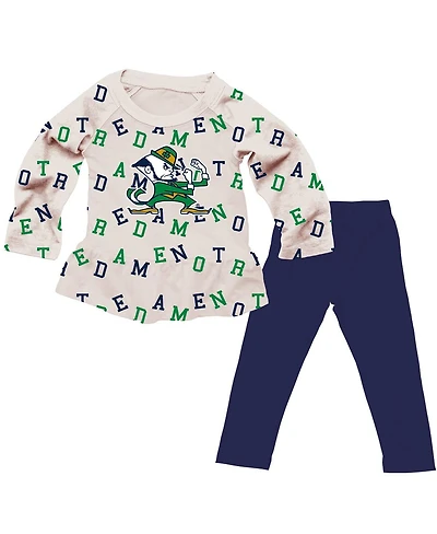 Wes & Willy Girls Toddler 2-Piece Oatmeal Notre Dame Fighting Irish Ruffle Raglan Long Sleeve T-Shirt and Leggings Set