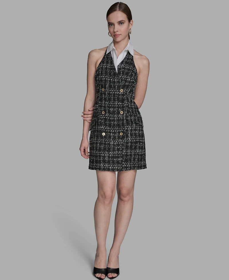 Bcbg Women's Plaid Boucle Twofer Halter Neck Dress