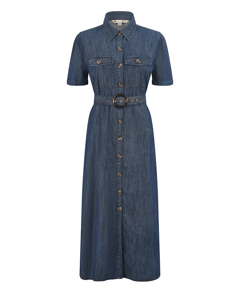 Yumi Women's Chambray Denim Utility Midi Shirt Dress