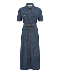 Yumi Women's Chambray Denim Utility Midi Shirt Dress