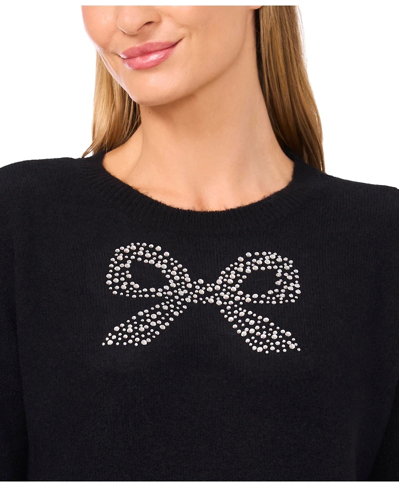 CeCe Women's Sequin Bow Long Sleeves Sweater