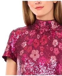 CeCe Women's Short Sleeves Mock Neck Sequin Top