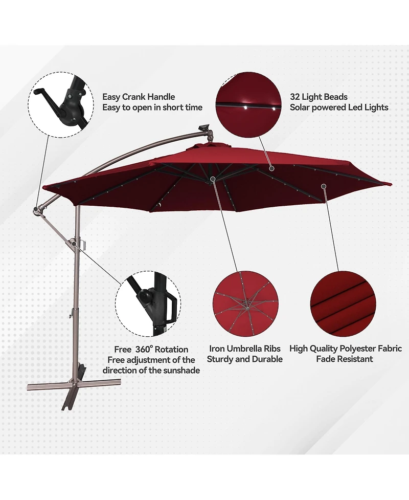 Clihome 11FT Solar Offset Umbrella with 32 Led Lights Cantilever Hanging Outdoor Umbrellas Handy Crank & Cross Base for Deck/Backyard/Pool,Red