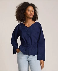 Lands' End Women's Embroidered Poplin Long Sleeve Blouse