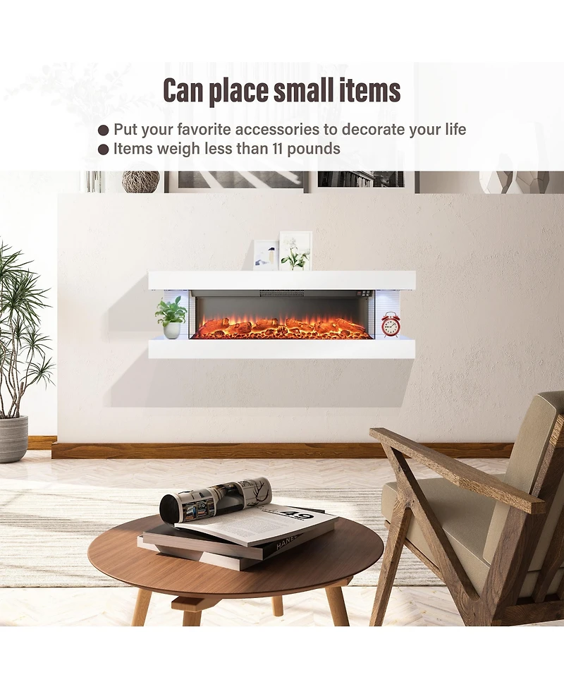 Clihome Sided Wall Mounted Led Electric Fireplace With Floating Mantel,Remote Control Adjustable Heat