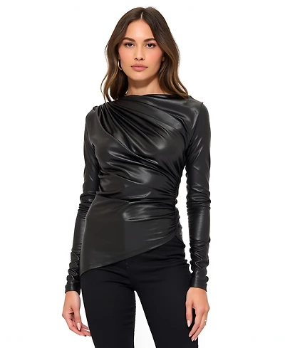Modenaire Women's Asymmetrical Faux Leather Long Sleeve Top