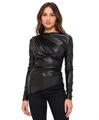 Modenaire Women's Asymmetrical Faux Leather Long Sleeve Top