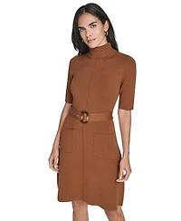 Jessica Howard Women's Turtle Neck Elbow Sleeve Belted Dress
