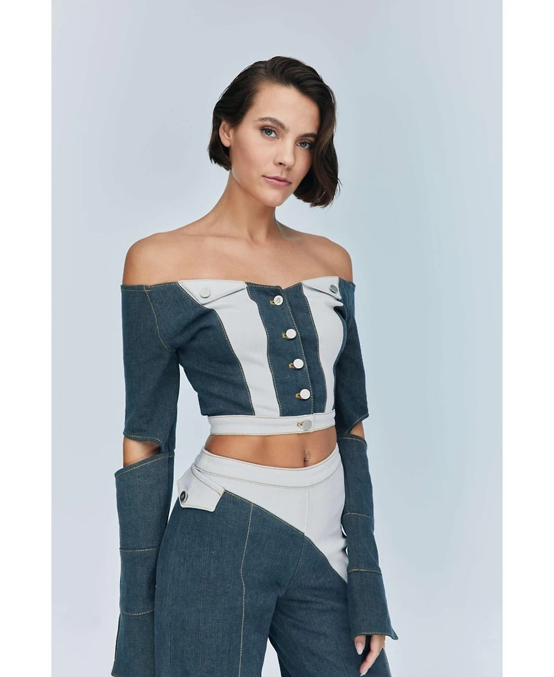 Jendue Women's Monte Off Shoulder Denim Jacket - Chic Cropped Jean