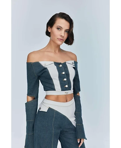 Jendue Women's Monte Off Shoulder Denim Jacket - Chic Cropped Jean