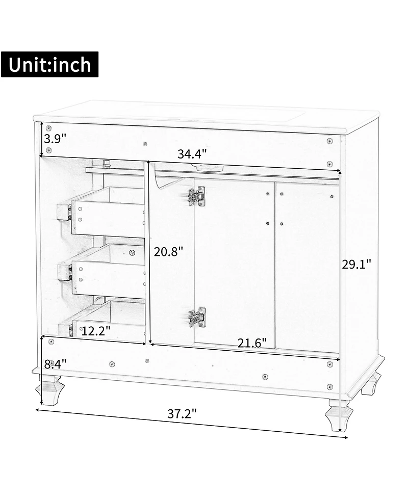 Casainc 36" Bathroom Vanity with Sink, Cabinet Flip-Out Drawer, 3 Drawers, 2 Soft-Close Doors, Solid Wood and Mdf, Premium Hardware